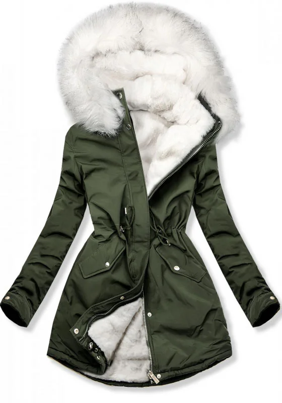 Winter warm parka, faux fur khaki/white