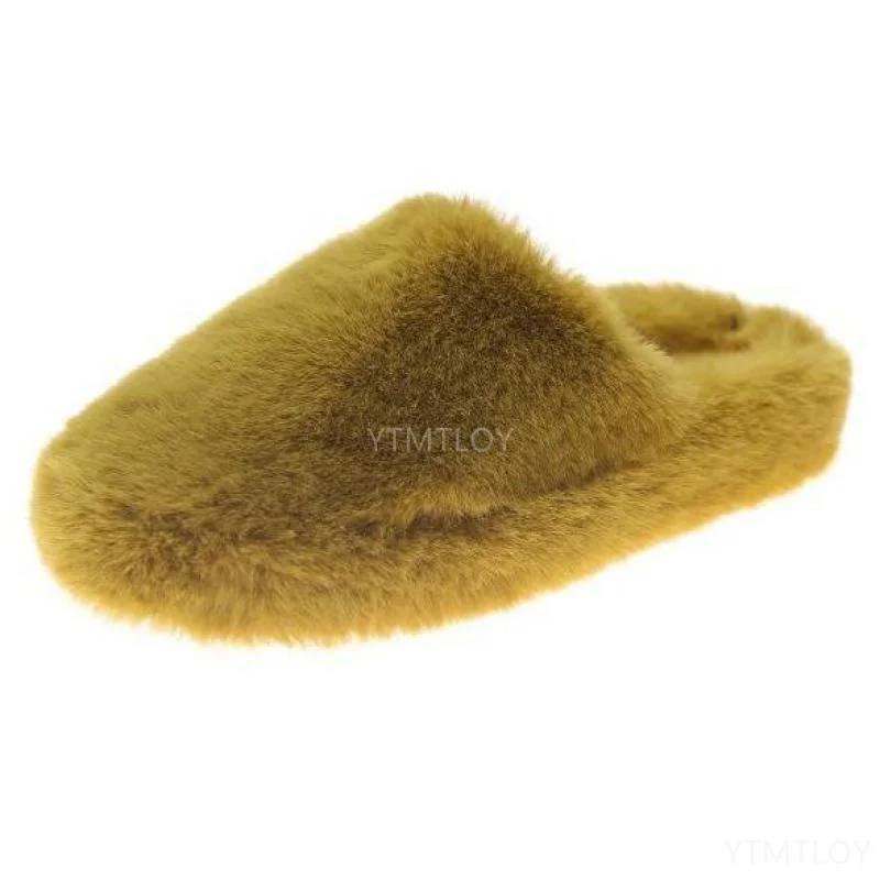 Winter Women House Zapatillas Mujer Casa Furry Slippers Fashion Faux Fur Warm Shoes Slip on Flats Female Slides Black Plush