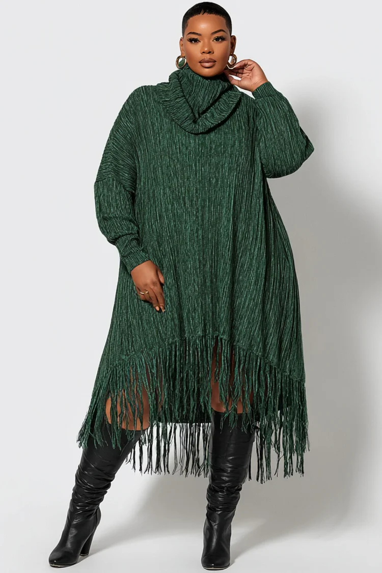 Xpluswear Design Plus Size Daily Green High Collar Long Sleeve Split Casual Pocket Midi Dresses 2024 - Xpluswear