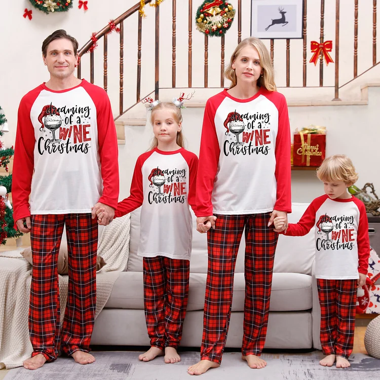 'Dreaming of a Wine Christmas' Red Plaid Family Matching Pajamas Sets