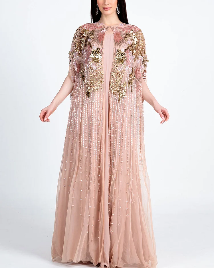 Embroidered Sequins Cape Dress