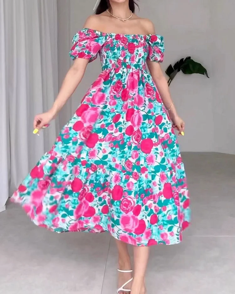 Elegant One Shoulder Floral Print Dress