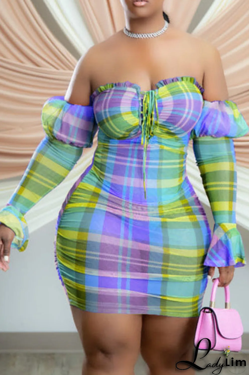 Blue Sexy Plaid Split Joint Off the Shoulder Pencil Skirt Dresses