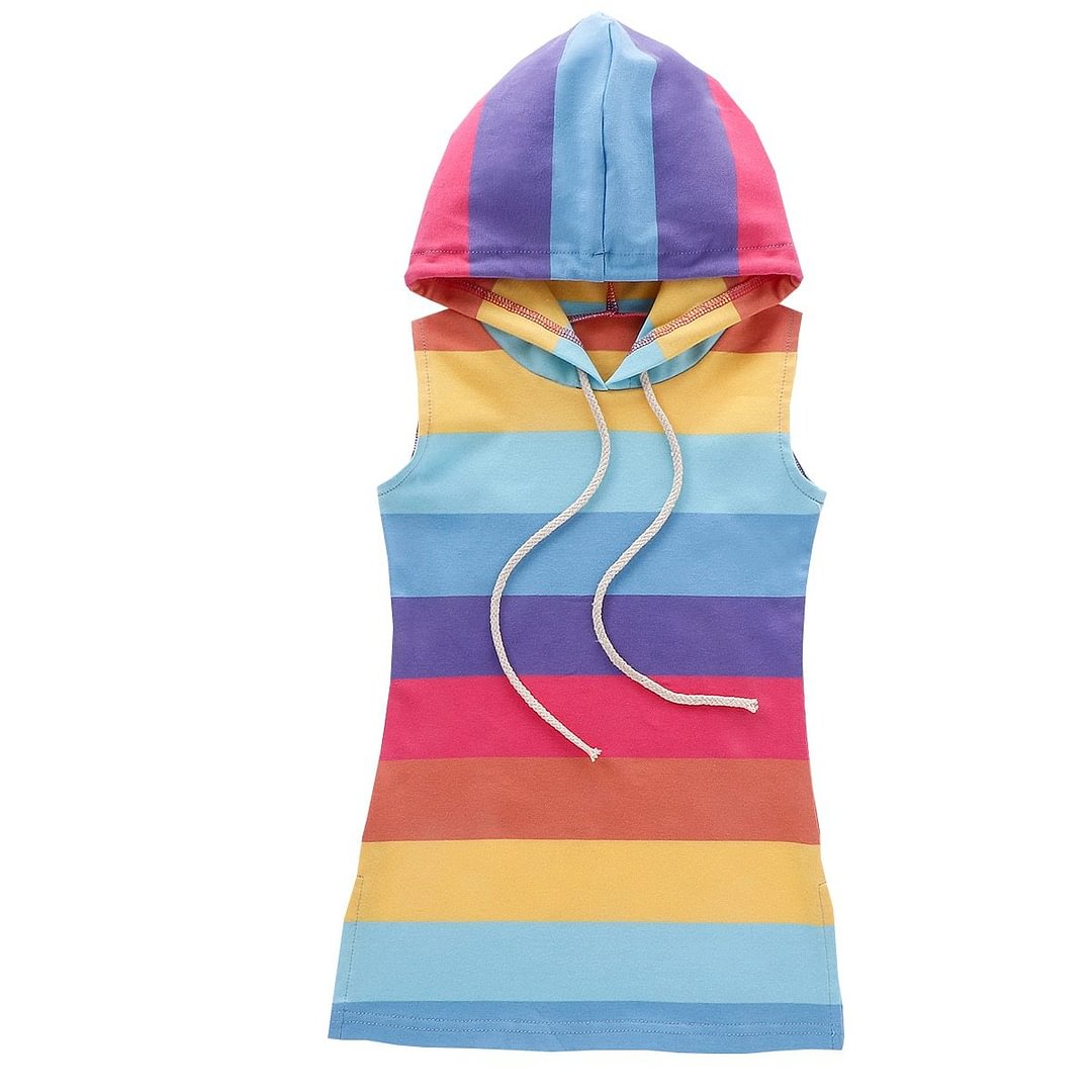 2020 Baby Summer Clothing Kids Baby Girl Hooded Shift Gown Colorful Striped Clothes Rainbow Outfit Split Dress Sunsuit1-7Y