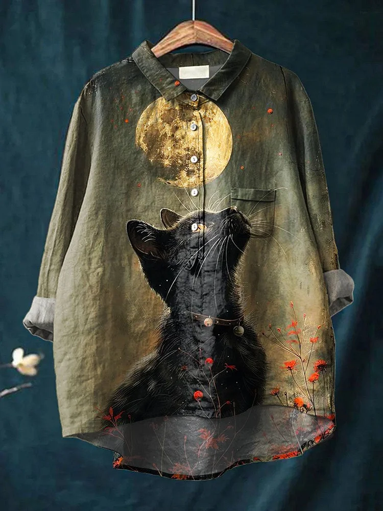 Vintage Lovely Cat Moon Floral Art Print Casual Cotton And Linen Shirt