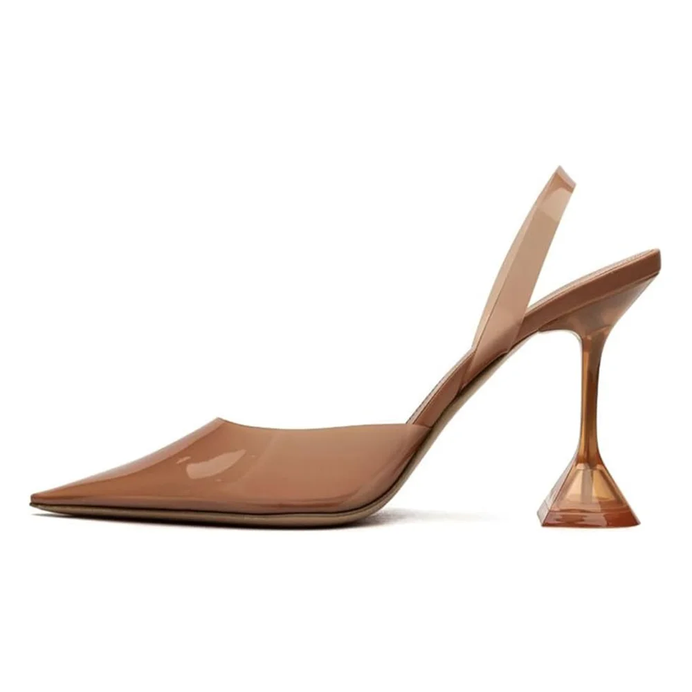 Brown Pointed Toe Transparent PVC Slingback Pumps with Flared Heels