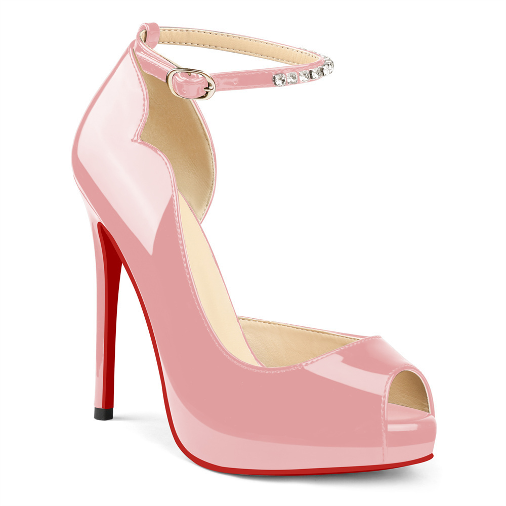 120mm Red Bottom Elastic Strap Slingback Sandals Peep Toe Platform Stilettos Black Patent Heels-MERUMOTE