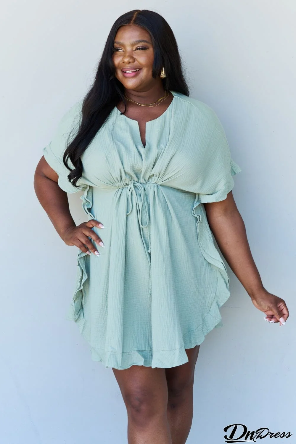Ninexis Out Of Time Full Size Ruffle Hem Dress with Drawstring Waistband in Light Sage