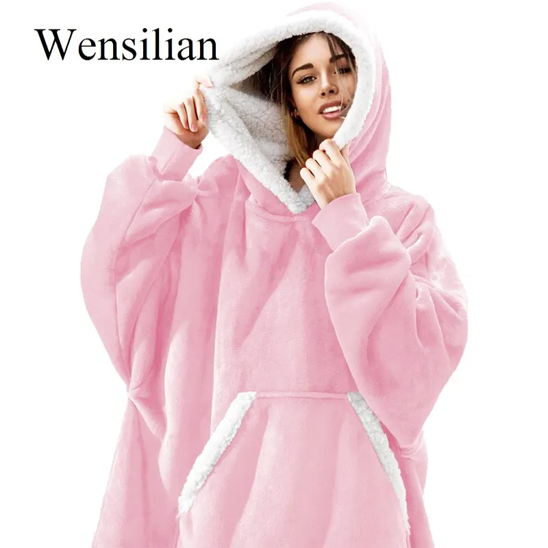 Giant Sherpa TV Blanket With Sleeve Winter Fleece Ladies Hoody Sweatshirts Pull Femme Thicken Women Oversize Hoodies Sweatshirts