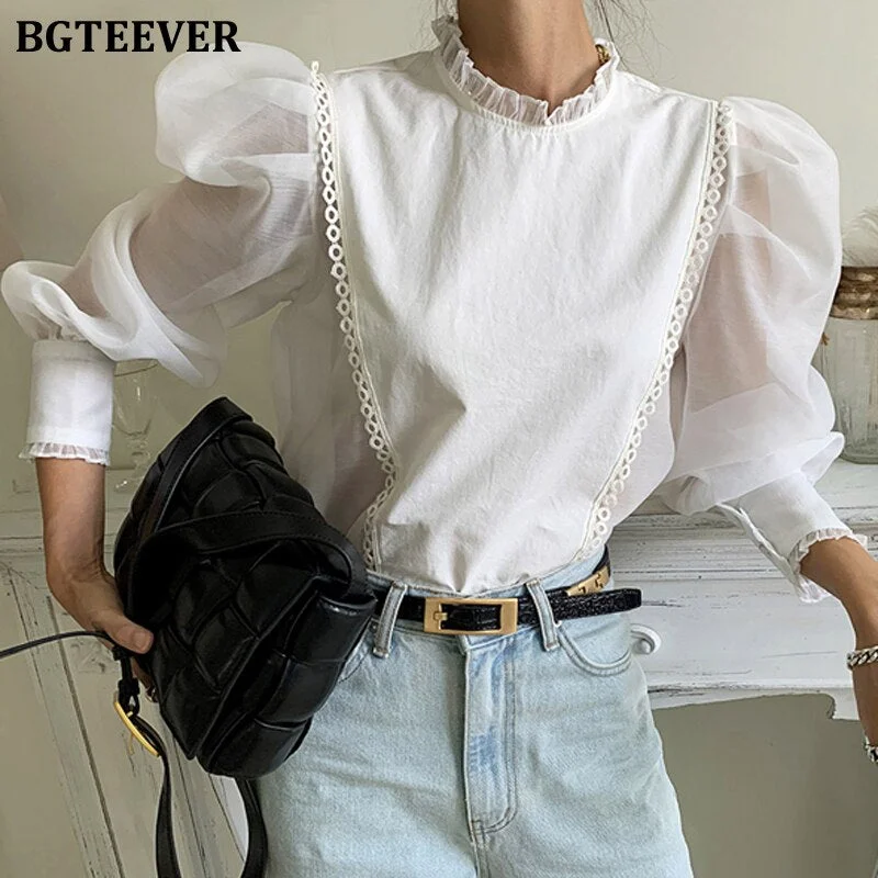 BGTEEVER Vintage Stand Collar White Shirts for Women Long Sleeve Loose Female Blouses 2021 Spring Chic Ruffles Ladies Tops