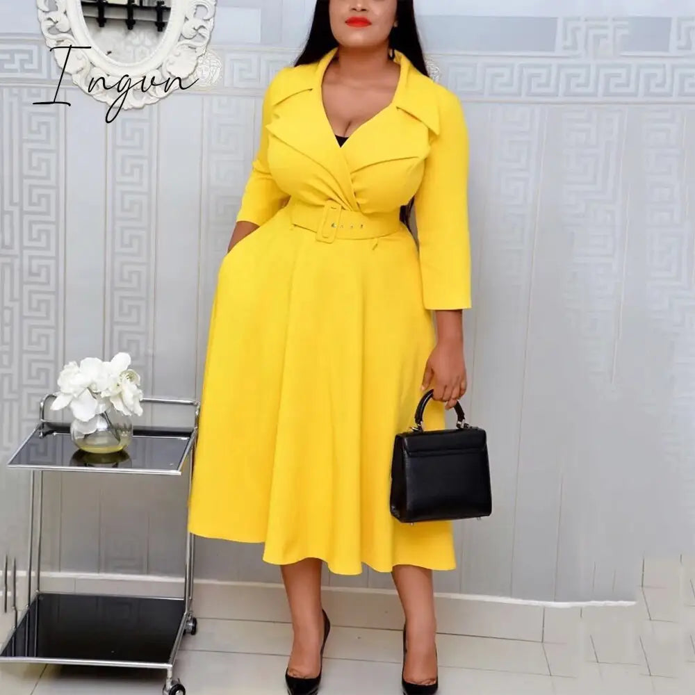 Ingvn - African Fashion Women Dresses Office Style High Waist A Line Yellow Mid Calf Elegant