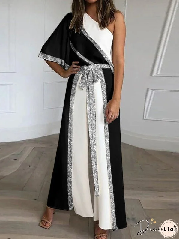 Women's Jumpsuits Shiny Sloping Shoulder Wide Leg Jumpsuit