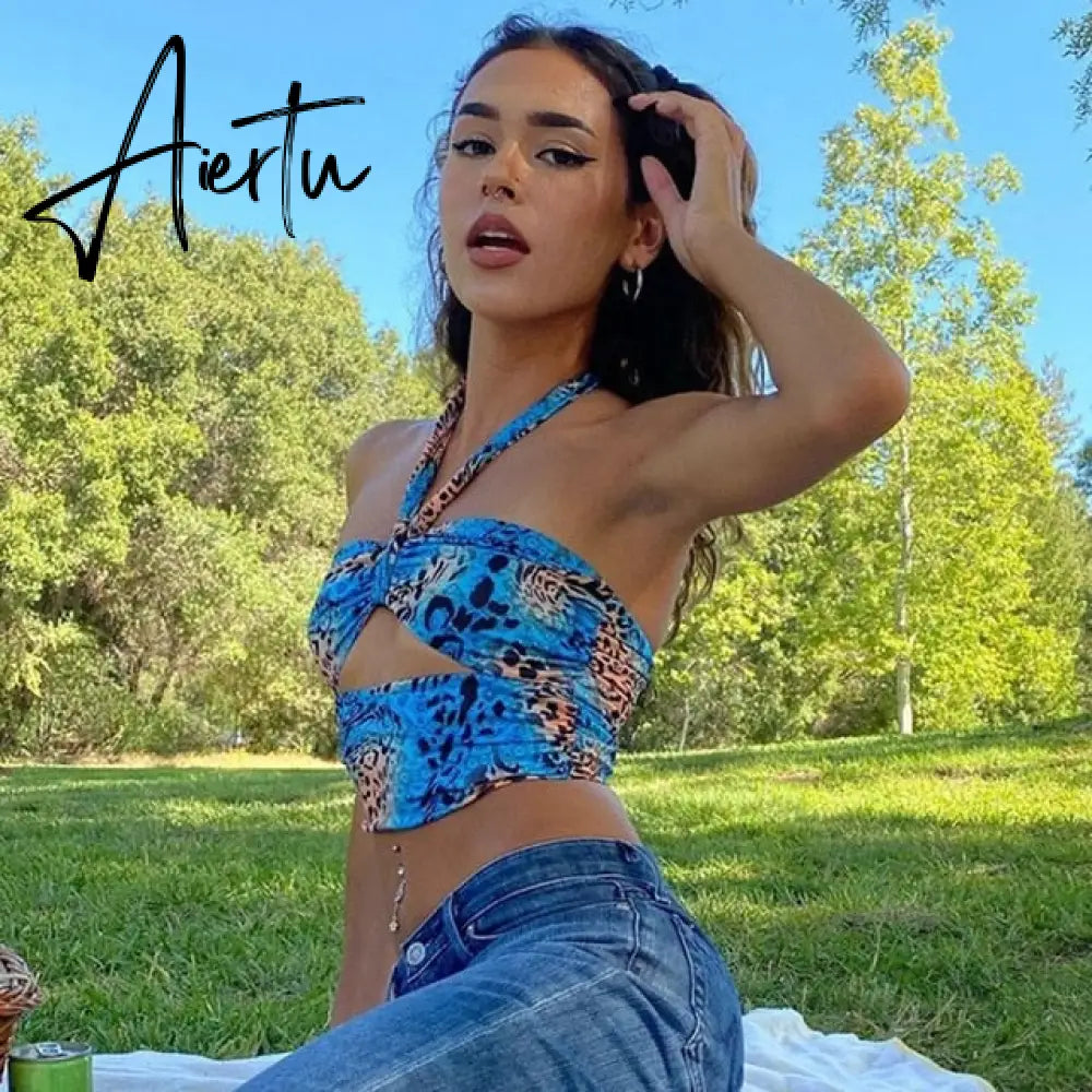 90s Blue Halter Top Y2K Aesthetic Summer Sleeveless Cropped Sexy Women Backless Camisole Tube Top E-girl Cute Sweet Streetwear Aiertu