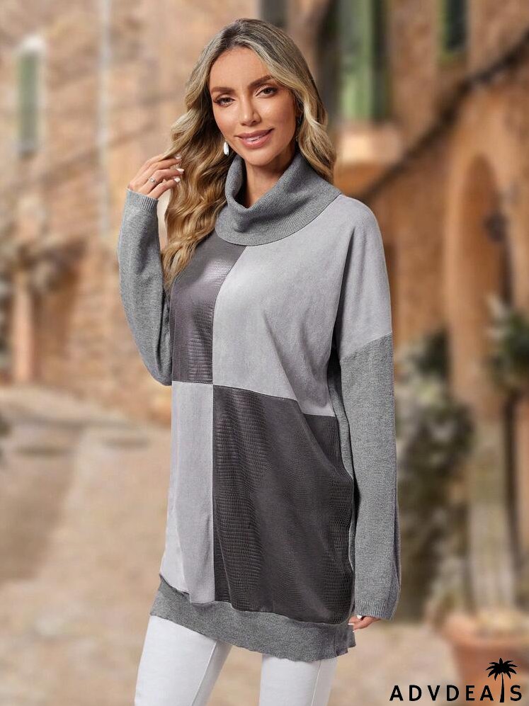 Color Block Turtleneck Drop Shoulder Sweater
