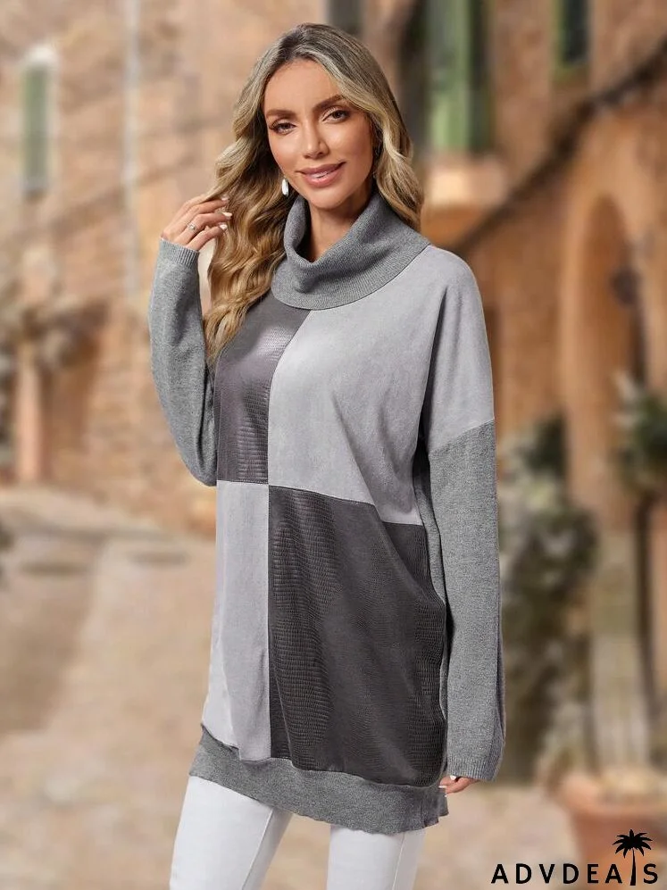 Color Block Turtleneck Drop Shoulder Sweater
