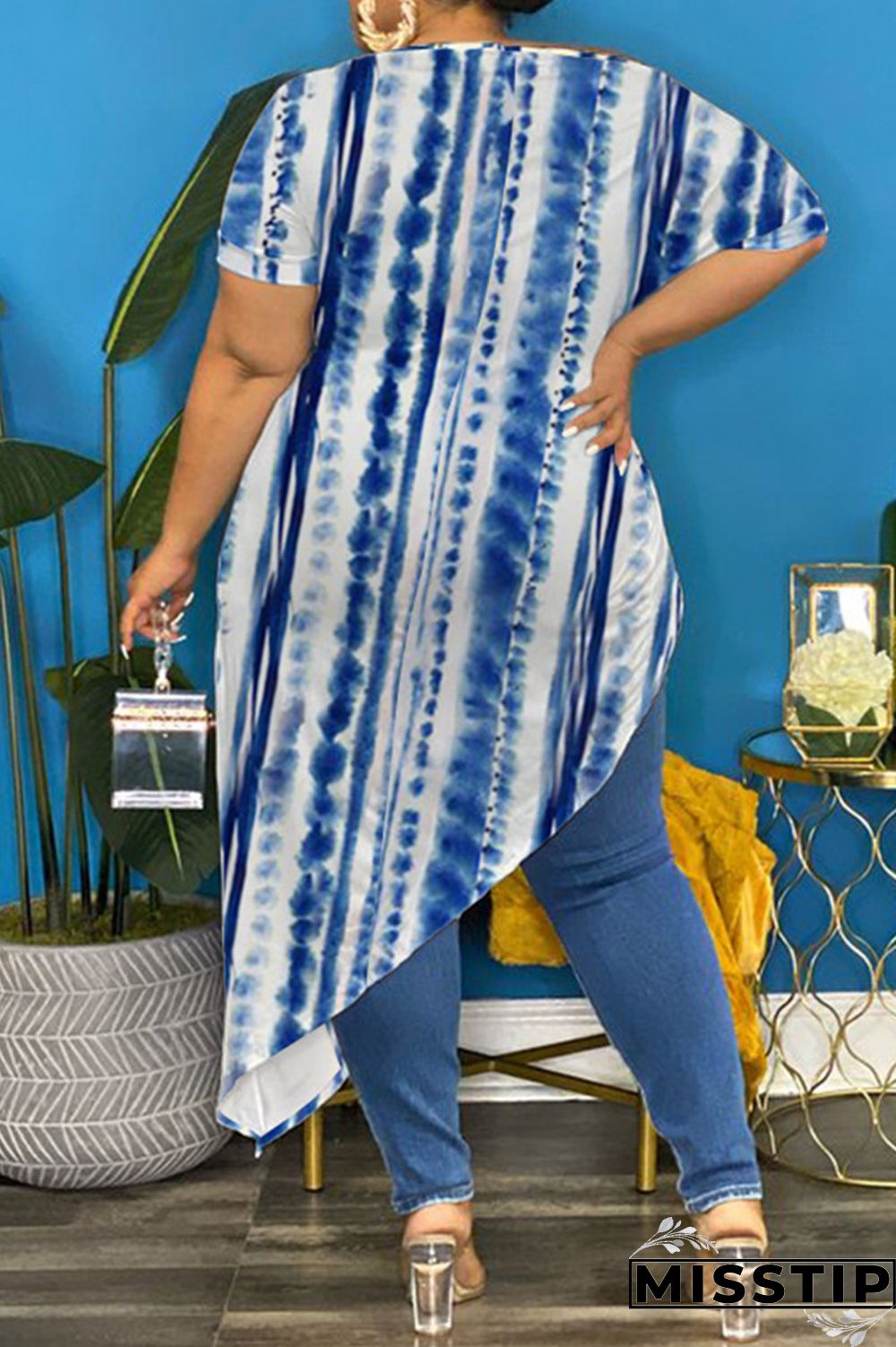 Blue Fashion Casual Print Bandage Asymmetrical O Neck Plus Size Tops