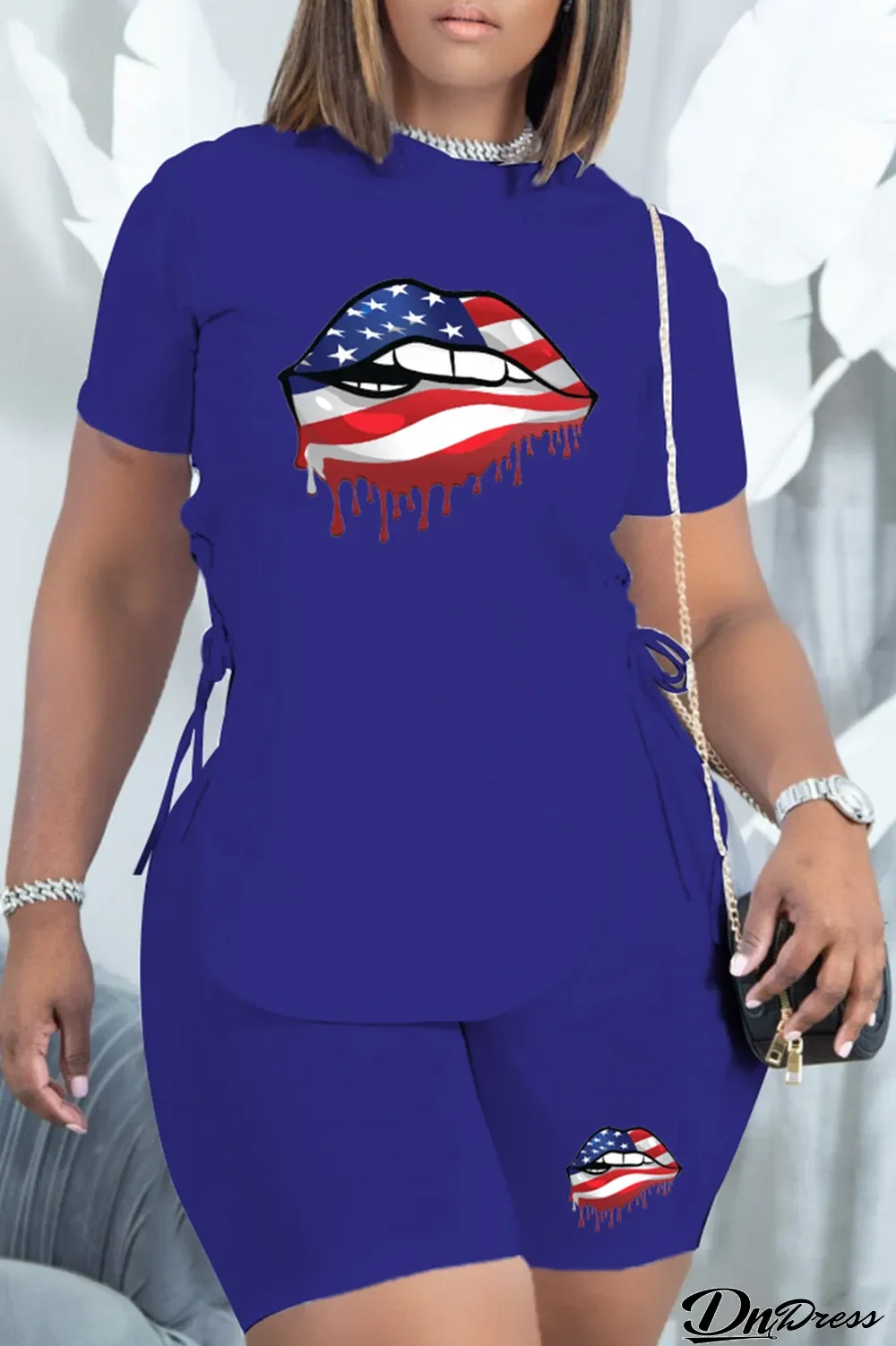 Blue Fashion Lips Printed Draw String O Neck Short Sleeve Two Pieces