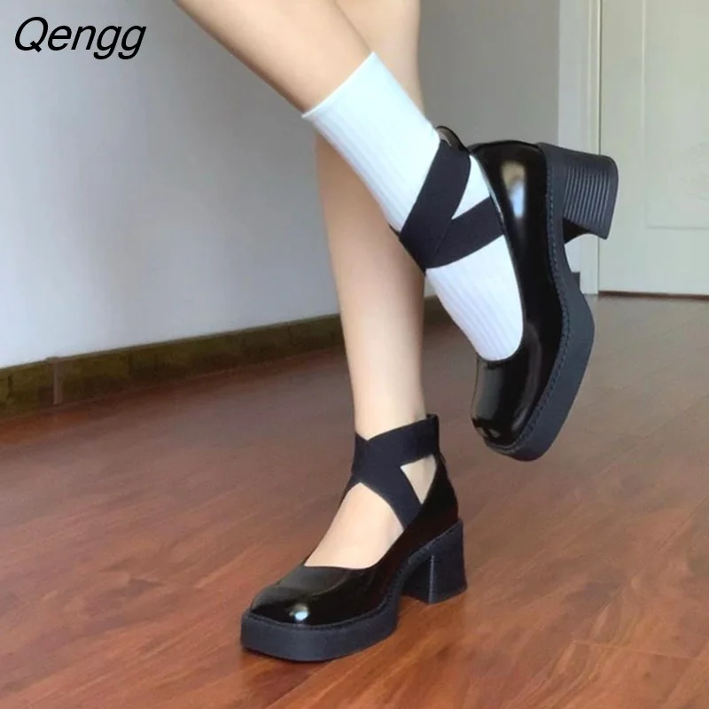 Qengg Design Pumps Fashion Square Toe Thick Heel Women Elastic Band Lolita Black Shallow Mary Jane Shoes