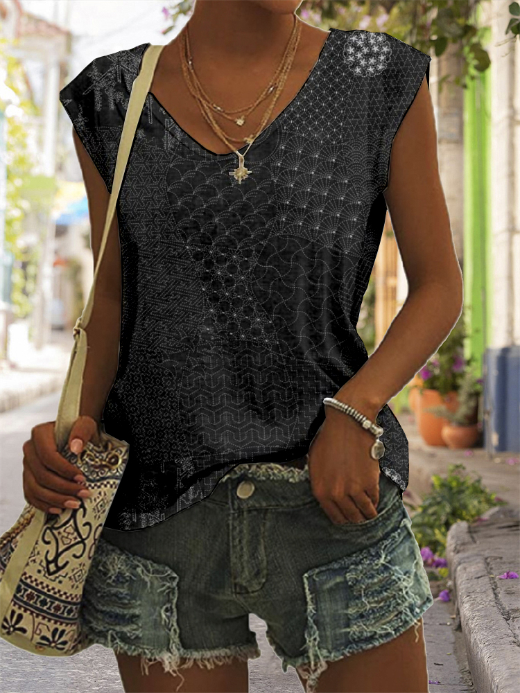 Comstylish Japanese Traditional Sashiko Art V Neck Tank Top