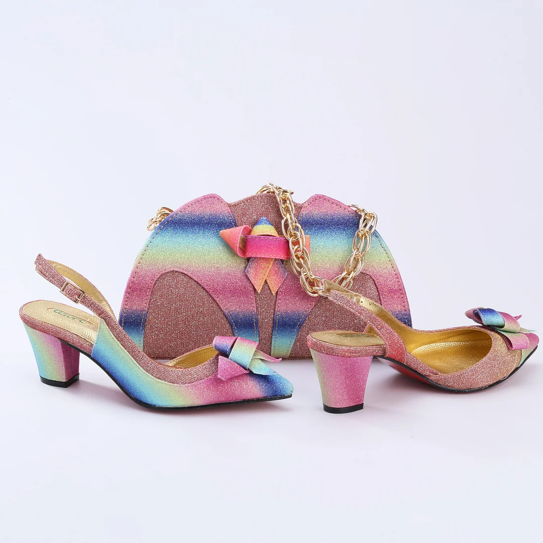 QSGFC  2022 New Arrival Fashion Rose Gold Elegant Party Wedding Ladies Shoes and Bag Set in Synthetic Flash Material
