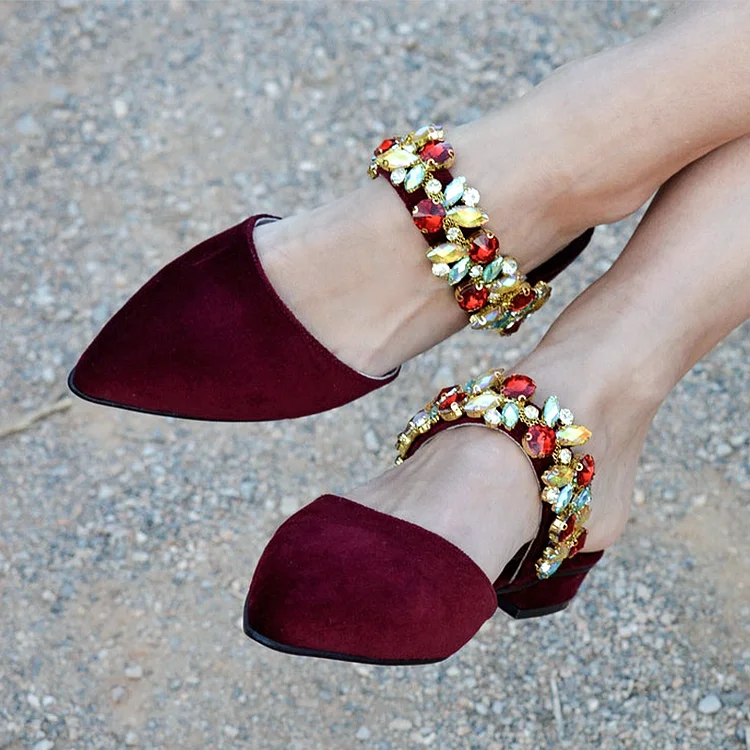 Women's Maroon Velvet Pointed Toe Flat Mules with Rhinestones Strap |FSJ Shoes