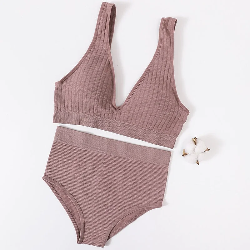 Women's Underwear Sports Bra Panties Set Female Wirefree Brassiere Seamless Top Sexy Set High Waist Brief V Neck Lingerie Set