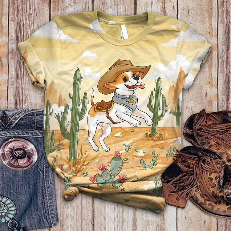 Cute Cartoon Western Style Puppy Buddy Printed Casual T-shirt