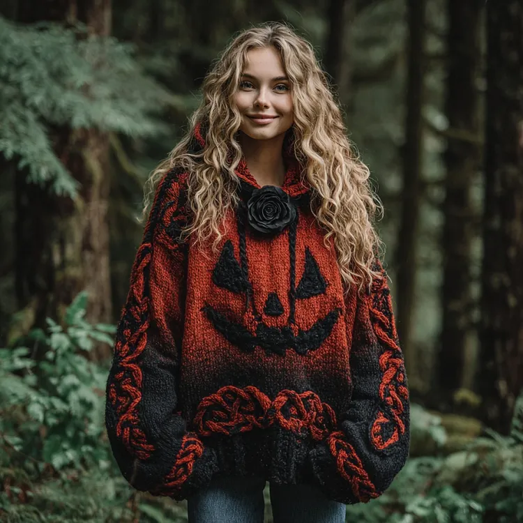 Women's Halloween Spooky Face Celtic Gradient Art Cozy Knitted Hooded Sweater
