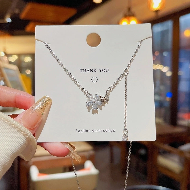 304 Stainless Steel Copper Inlay Flower Butterfly Zircon Pendant Necklace