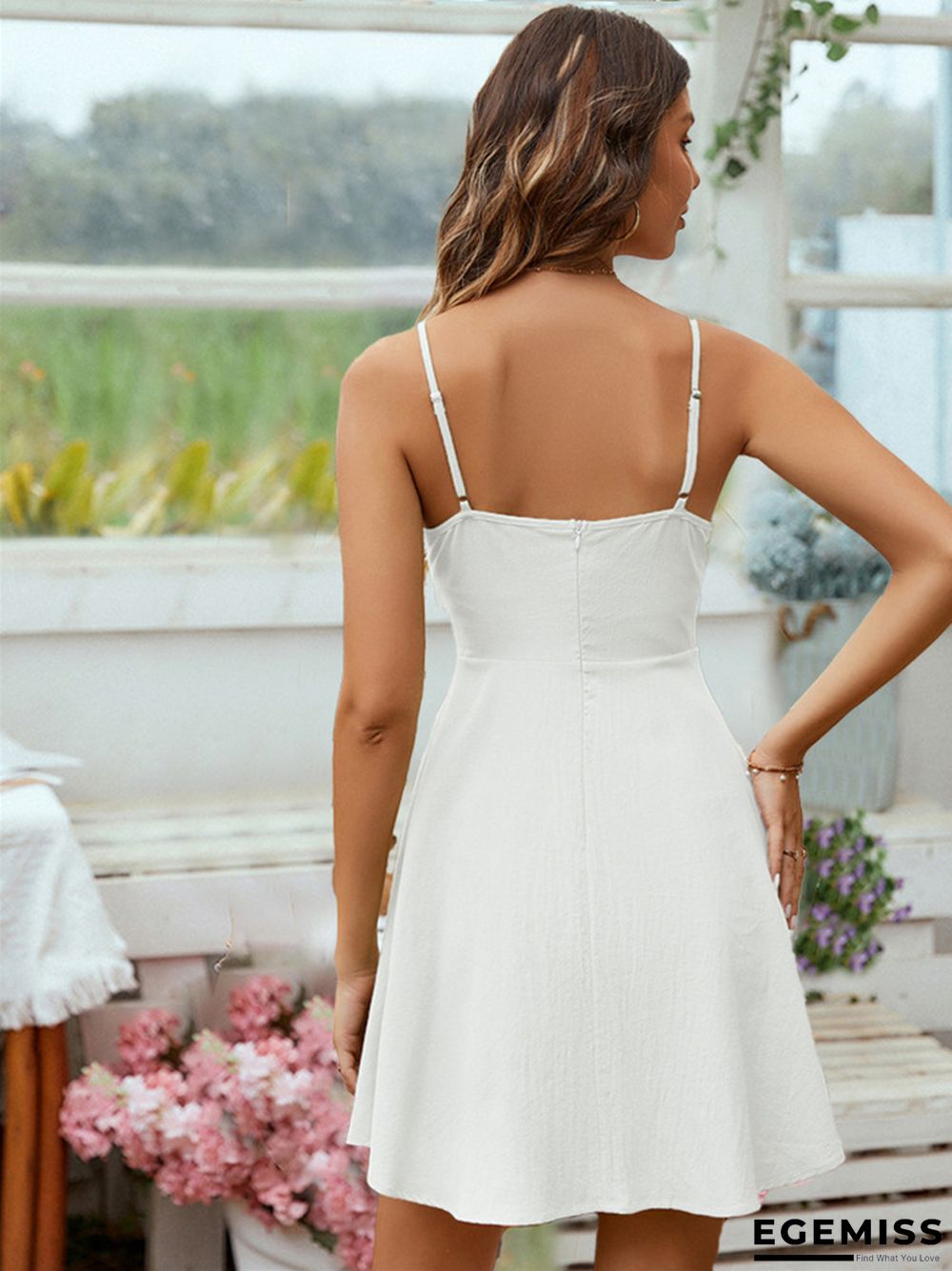 Women's Fresh and Sweet Pleated Waist Strap Short Skirt Dress White Dresses | EGEMISS