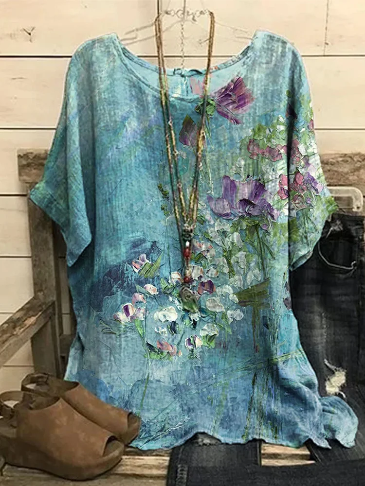 Ladies Print Round Neck Short Sleeve Blouse