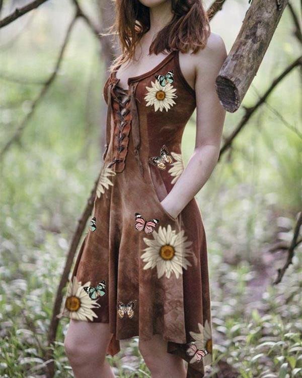 Women's Slim Irregular Hem Sunflower Butterfly Print Dress