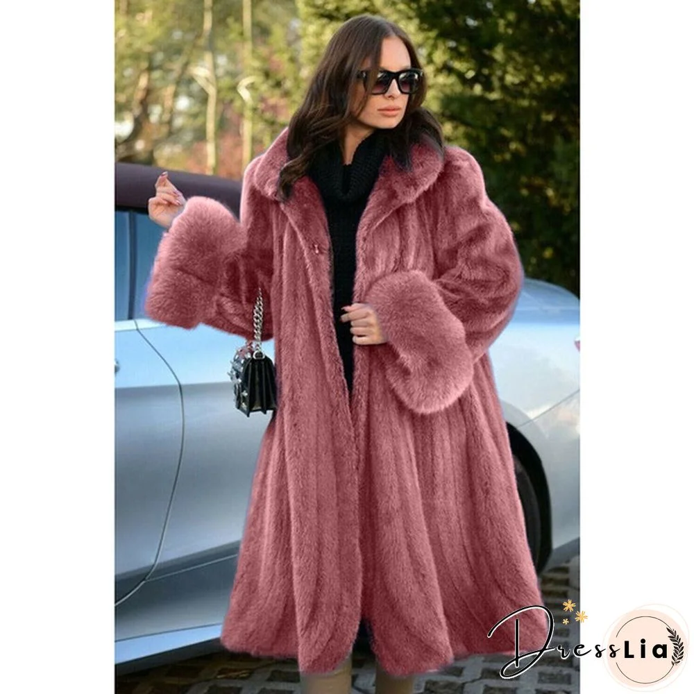 Women's Winter New Fashion Plus Size Luxury Elegant Solid Color Turn Down Collar Faux Fur Coat Warm Outerwear Tops