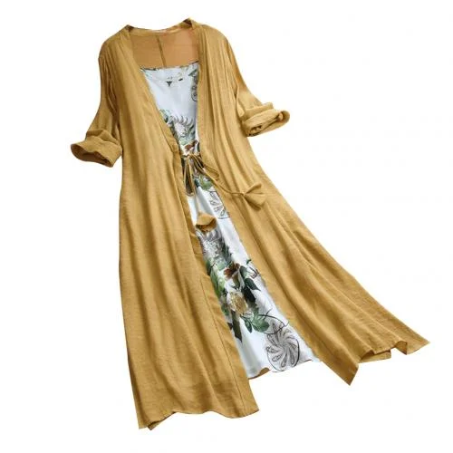 Summer Female 2Pcs/Set Plus Size Lady Flower Print Cotton Linen Sleeveless Sling Dress with Cardigan Long Casual Богемия платье