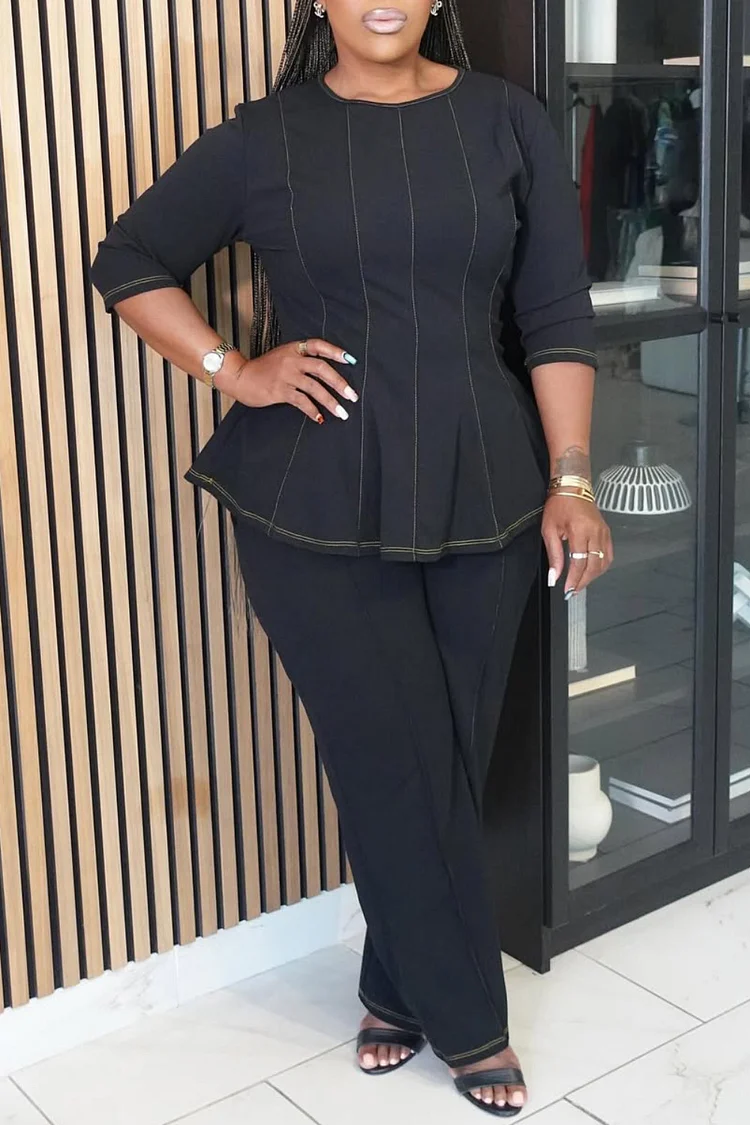 Plus Size Business Casual Blue Round Neck Half Sleeve Pocket Elegant Two Piece Pant Sets [Pre-Order]
