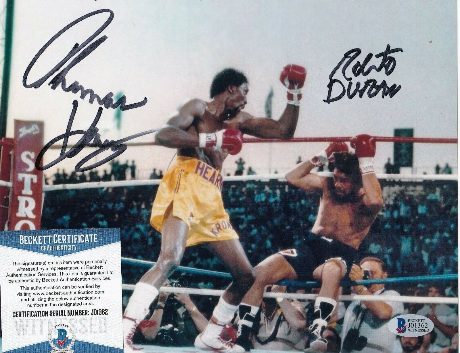 THOMAS HEARNS VS ROBERTO DURAN BOXING CHAMPS BECKETT AUTHENTICATED SIGNED 8X10