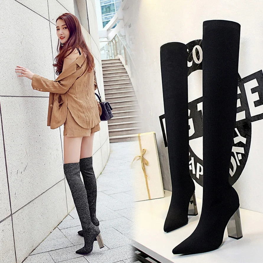 2021 Woman Long Boots Knee High Boots Square  Metal Heel High Heeled Pointy Sexy Elasticity Thin Wool Boots
