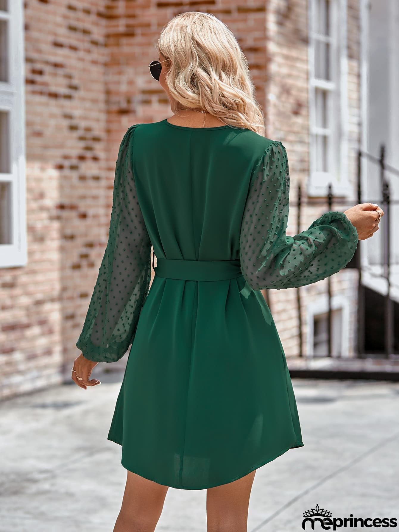 Tied Swiss Dot Long Sleeve Mini Dress