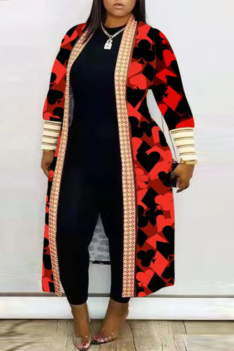 Red Fashion Casual Print Leopard Cardigan Plus Size Overcoat | EGEMISS