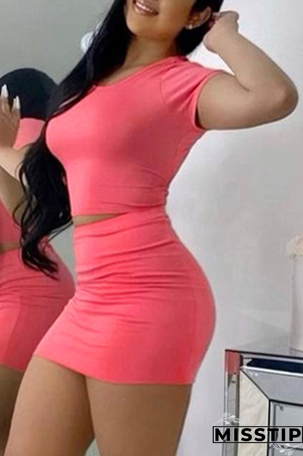 Pink Sexy Solid Backless O Neck Short Sleeve Two Pieces