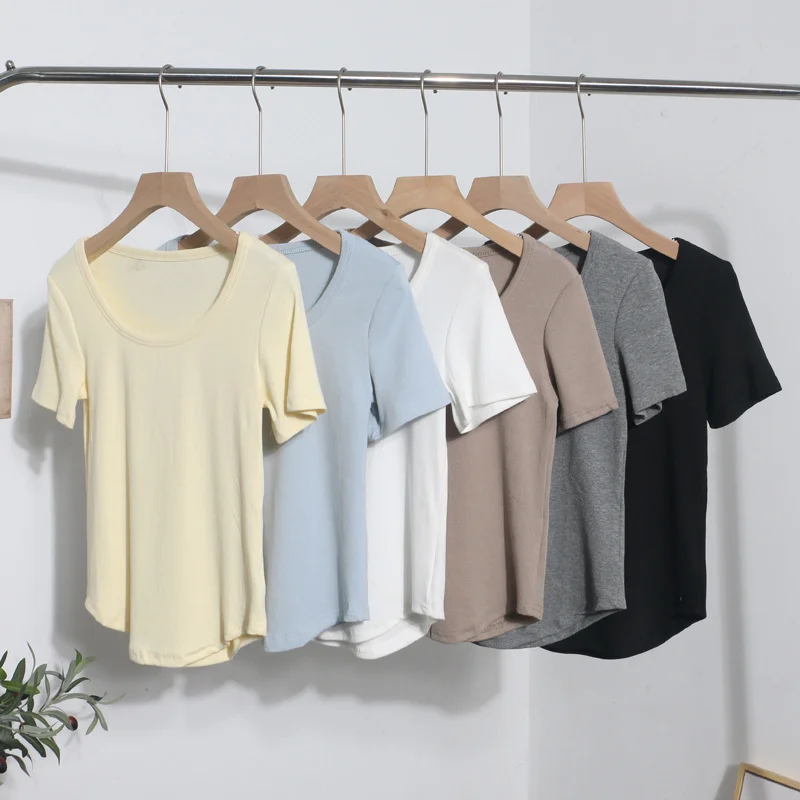 Breakj Solid Color Irregular U-Neck Short-Sleeved T-Shirt Woman Xia Slimming Leisure Short Coat 1809