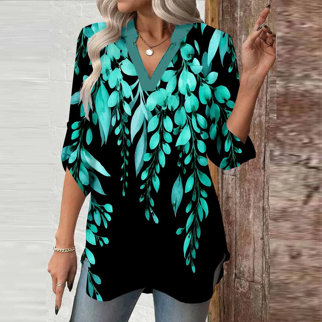 Women Leaves,Fluorescent DZGA0682 3/4 Sleeve V-neck Printed Graphic Button Tops