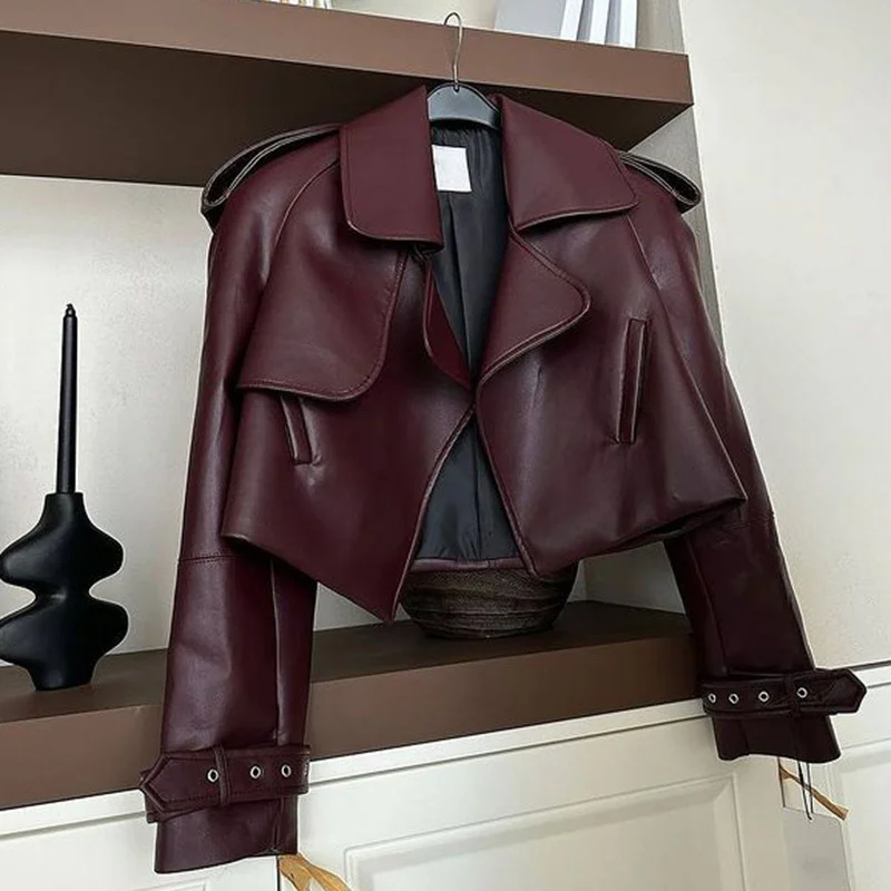 Woherb Hot Selling 2024 Fall / Winter Fashion New Vintage Leather Biker Jacket Red Brown Jacket Female-Outfit Ideas