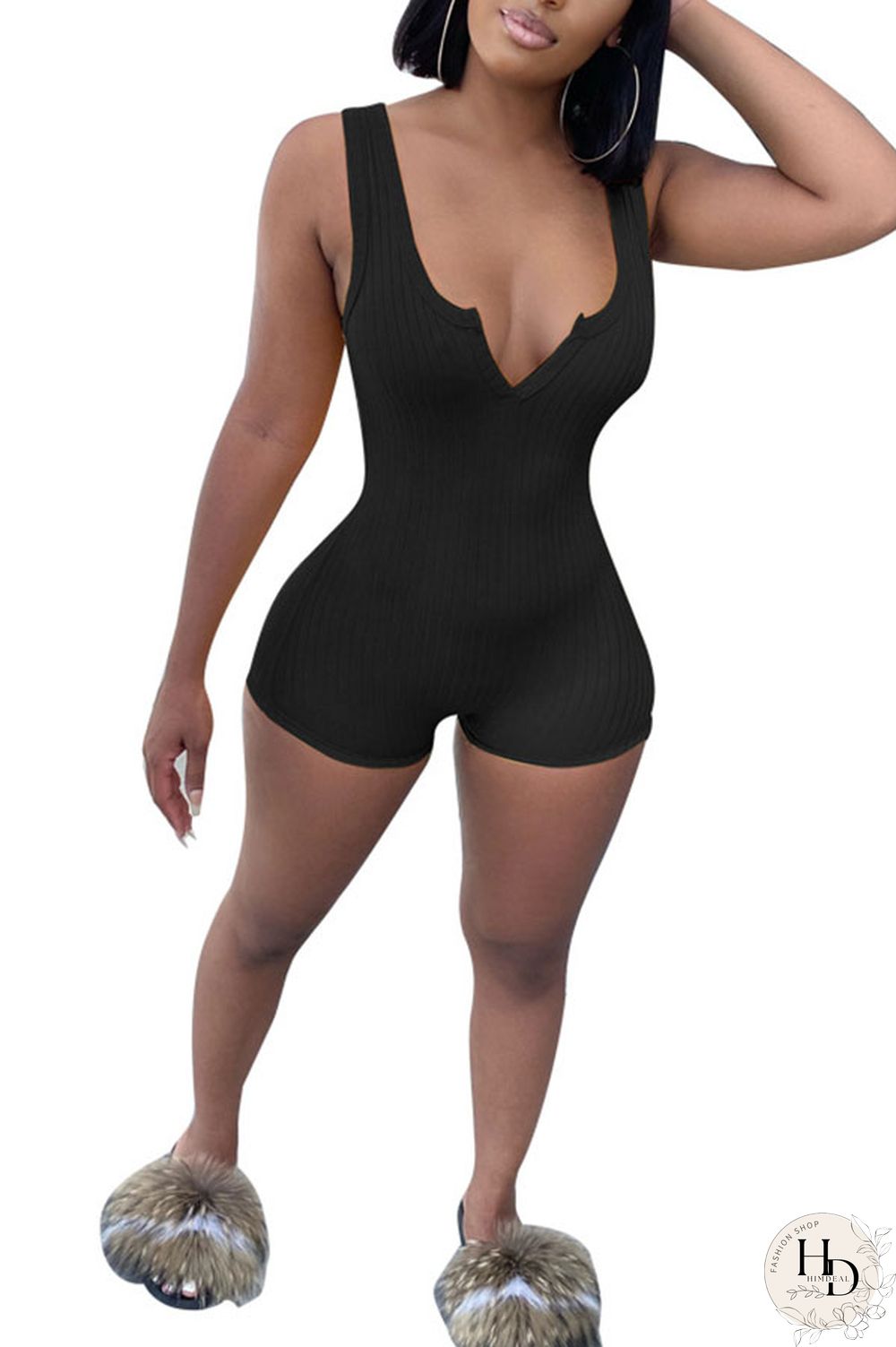 Black Fashion Sexy Solid Polyester Sleeveless V Neck Jumpsuits