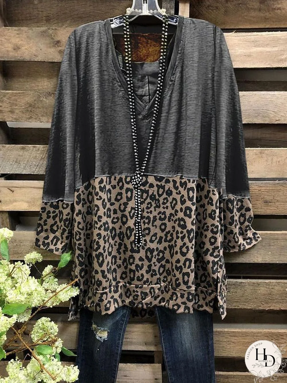 Color Block Leopard V-Neck Long Sleeves Casual Blouses