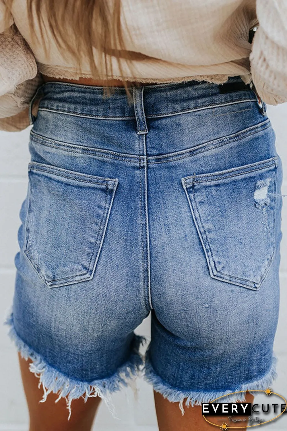 Blue High Waist Distressed Fringed Cut Off Shorts