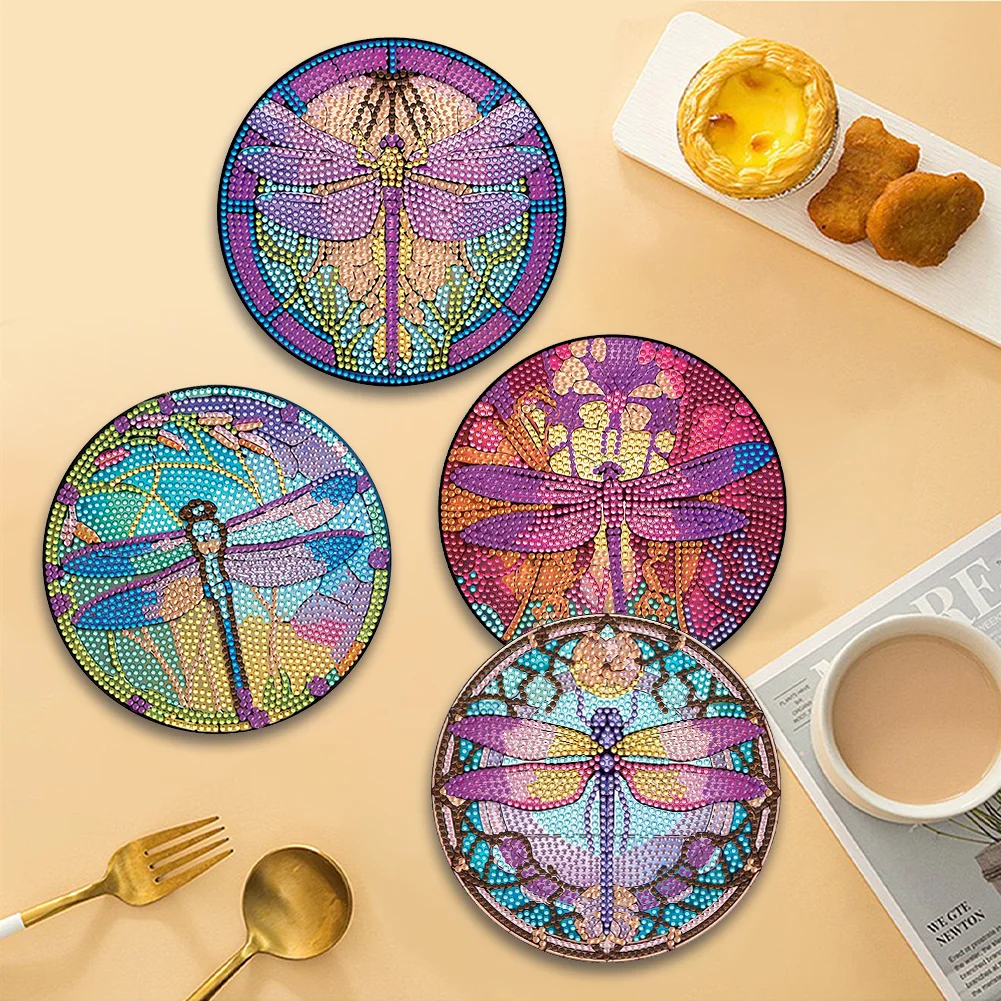 4pcs DIY Dragonfly Wooden Diamond Painting Placemats Kitchen Dish Mat with Holder