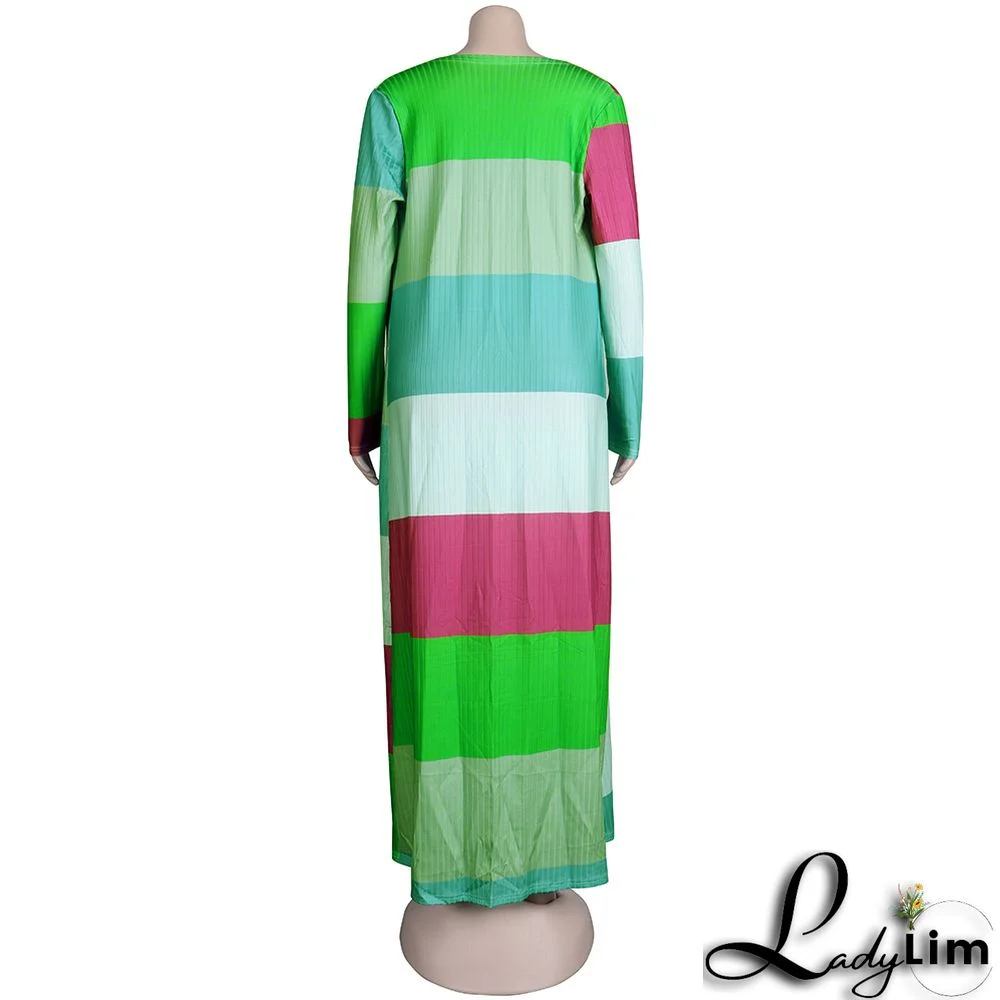 Plus Size Women Ribbed Print Colorblock Dress + Long Coat