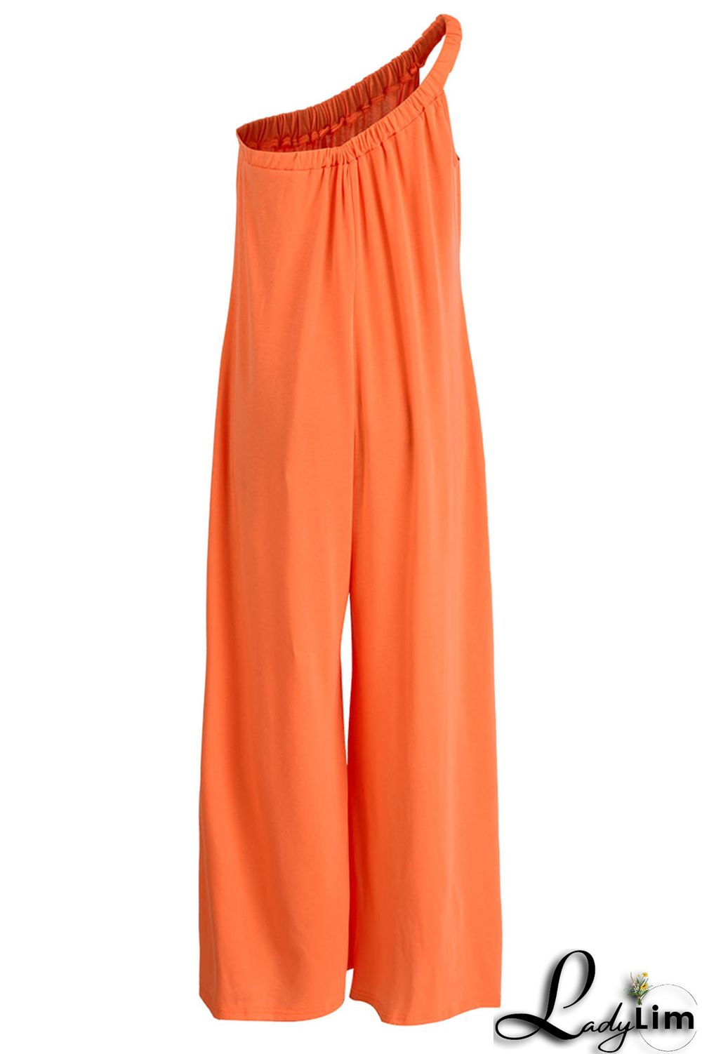 Tangerine Red Casual Solid Patchwork Oblique Collar Loose Jumpsuits