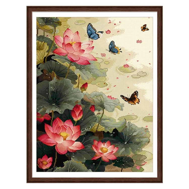 Spring-Lotus Fragrance Attracts Butterflies- 11CT - 3 Strands Threads Printed cross stitch - 60*75cm(Canvas)